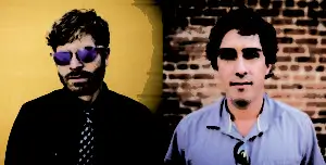 Two men posing against colorful backgrounds.